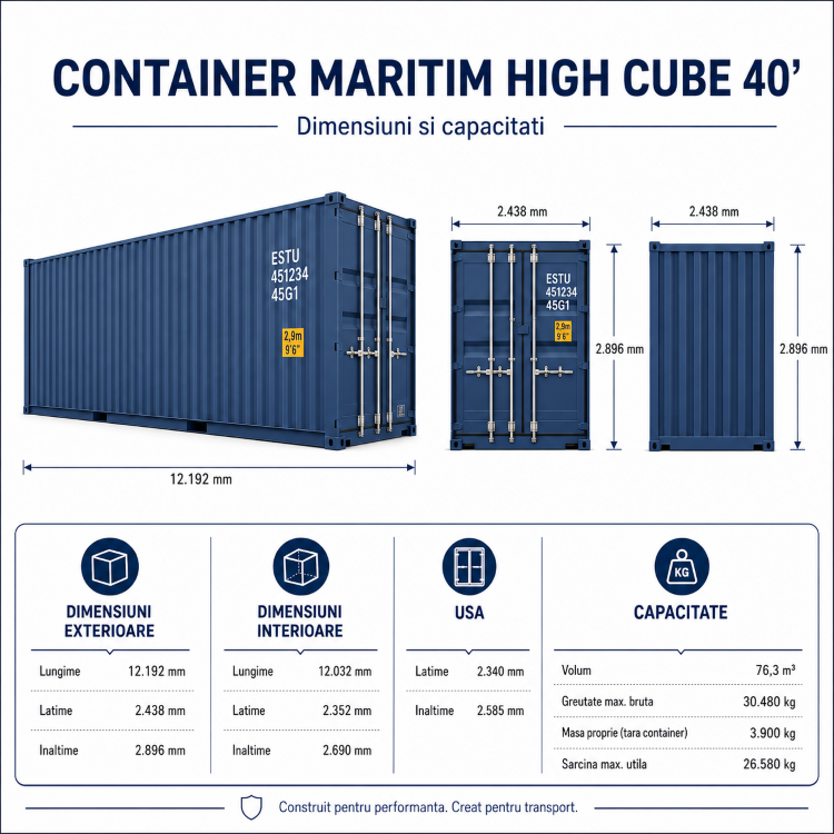 Dimensiuni container maritim 40 High Cube