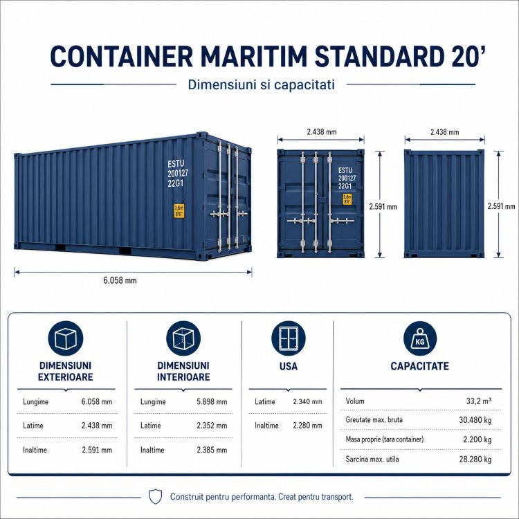 Dimensiuni container maritim standard 20 picioare