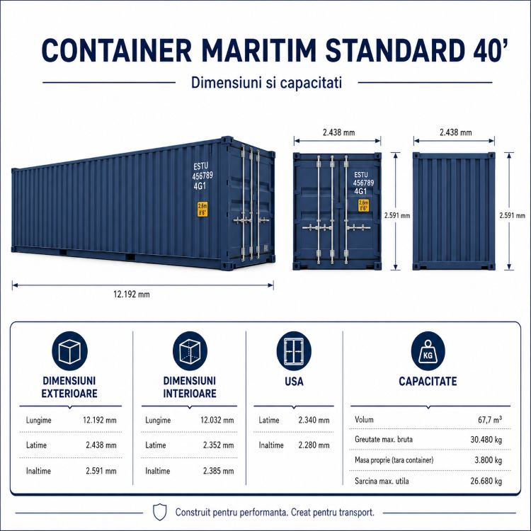 Dimensiuni container maritim standard 40 picioare